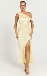 Rowena Midi Dress - One Shoulder Satin Dress in Lemon